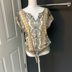 Super Soft Lucky Brand short sleeve blouse with v neck and tie waist detail .